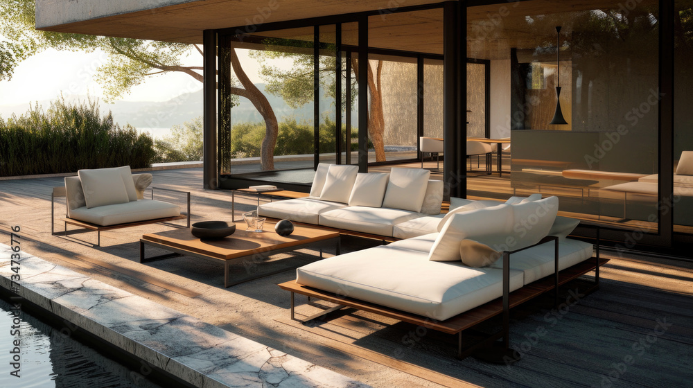 Living room with white couches and tables. Suitable for home decor and interior design projects