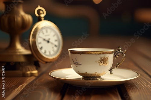 Vintage tea cup with ornate handle and clock on wooden surface