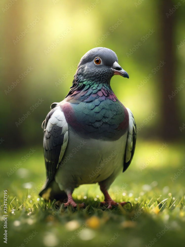 Obraz premium Enchanting Forest Scene: Close-Up of a Pigeon Amidst Verdant Green Grass, Illuminated by Warm Sunlight in 8K Quality, with a Magical Atmosphere and Perfect Composition