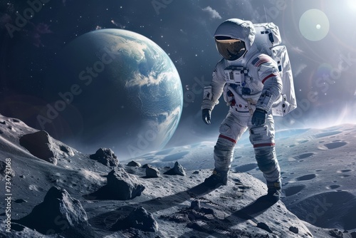 moment of solitude and exploration is depicted as an astronaut gazes upon Earth from the moon’s