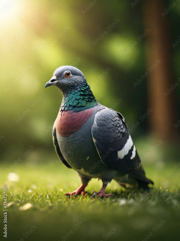 Obraz premium Enchanting Forest Scene: Close-Up of a Pigeon Amidst Verdant Green Grass, Illuminated by Warm Sunlight in 8K Quality, with a Magical Atmosphere and Perfect Composition