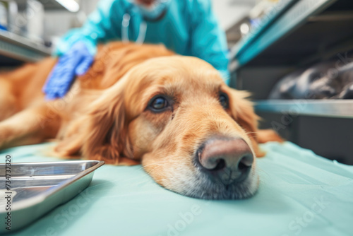 Dog laying on table in veterinary office. Can be used to depict visit to vet or pet healthcare