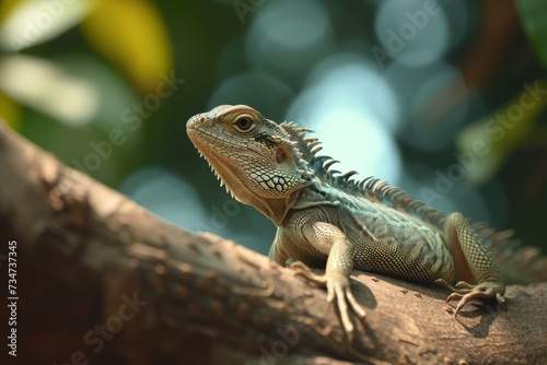 A detailed shot of an iguana lounging on a tree branch in a natural habitat.