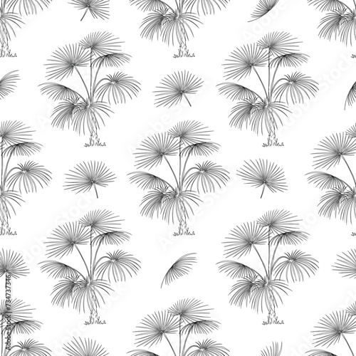 Hawaiian seamless pattern. Palm trees and birds delicate luxury pattern. Black seamless pattern on white background. Nautical motifs embroidery. Trend picture