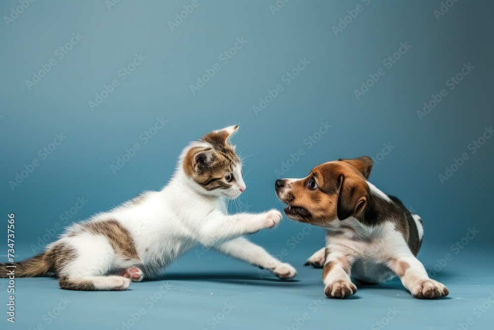 a Cat and a Dog playing together, Studio shooting. a Cat and a Dog playing together, Studio shooting.