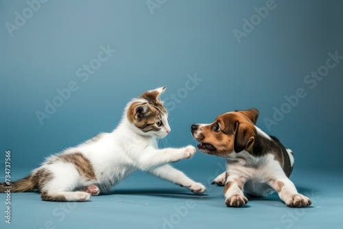 a Cat and a Dog playing together, Studio shooting.