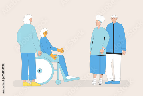 Elderly couples conversation. World senior citizens day. Retirement care and support.