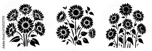 Vector set of 3 sunflowers in silhouette style photo