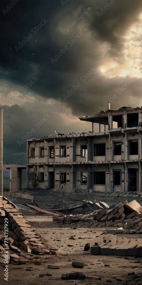 warzone with destroyed building dark cloud warzone with destroyed building dark cloud