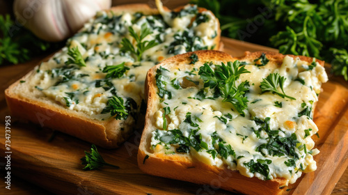 Simple and delicious cheese and spinach sandwich prepared on cutting board. Perfect for quick and healthy meal option. Can be used for food-related designs and recipes