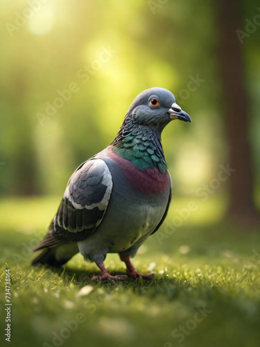 Enchanting Forest Scene: Close-Up of a Pigeon Amidst Verdant Green Grass, Illuminated by Warm Sunlight in 8K Quality, with a Magical Atmosphere and Perfect Composition