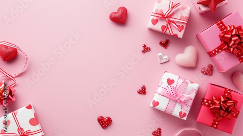 valentines greeting card with hearts and gifts on pink background