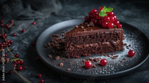 Chocolate cake slice with cherries