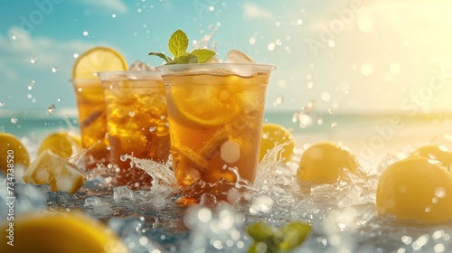 Packaged ice tea water splash scen