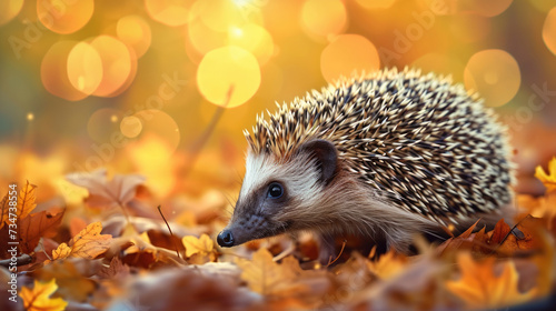 Hedge is seen walking through pile of colorful autumn leaves. This image can be used to represent fall  nature  or seasonal activities