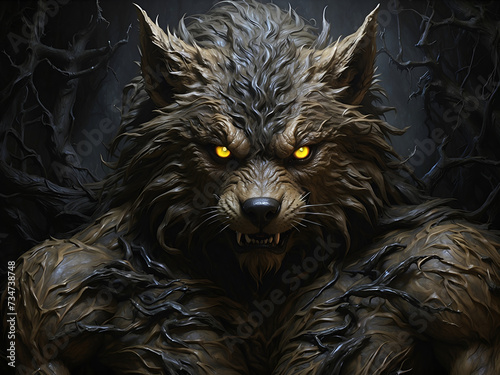 a snarling wolf with yellow eyes, set against a dark, tangled tree background. The wolf has glowing eyes and sharp teeth, and is shown in profile.