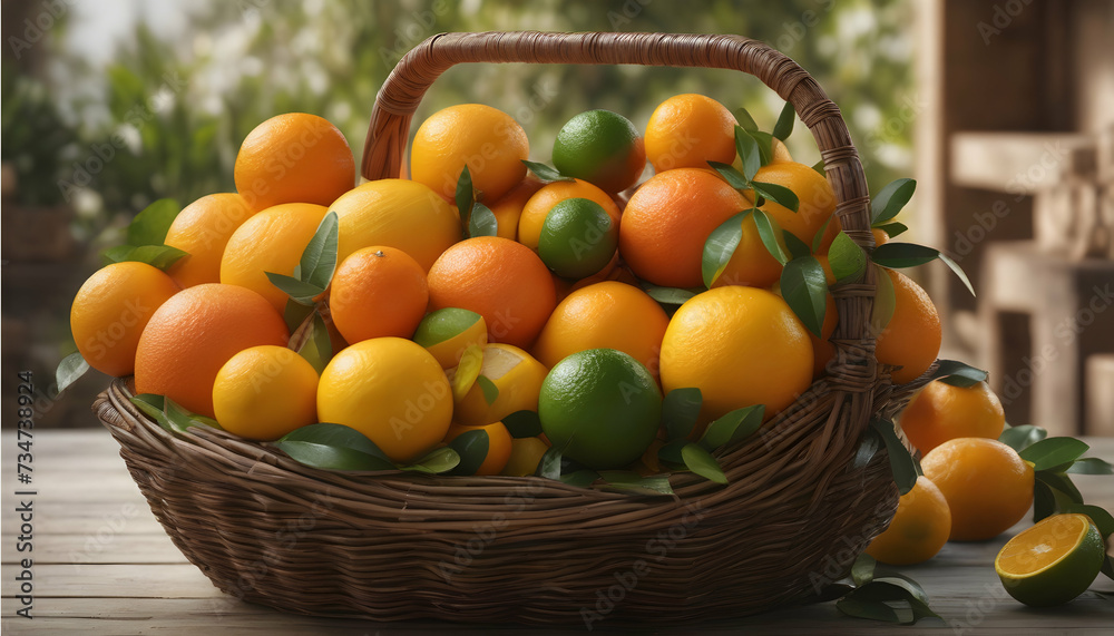 A rustic basket overflowing with the bounty of seasonal citrus fruits