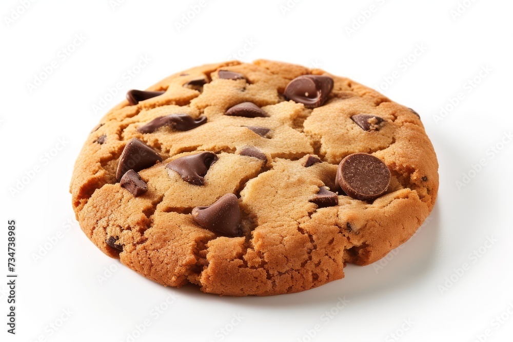 Close-up of a chocolate chip cookie on a white background.