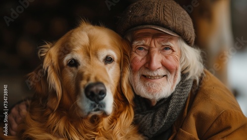 Senior man with a warm smile, alongside a golden retriever, indoors © Iona