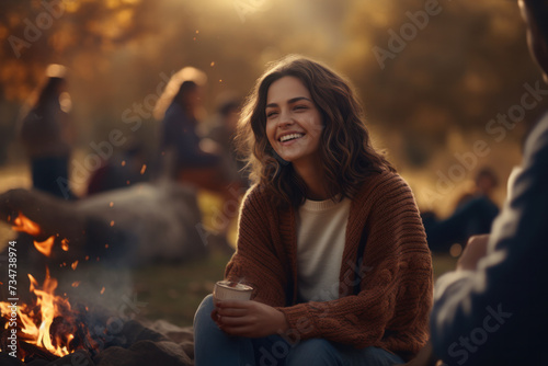 Woman enjoying warm beverage by campfire in autumn setting. Outdoor leisure and relaxation.