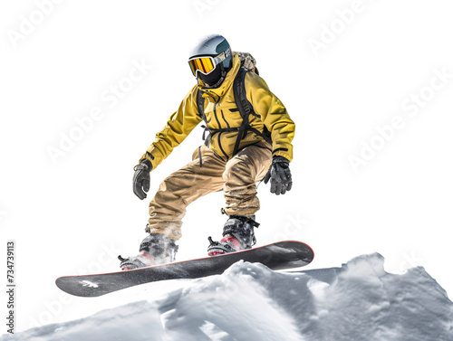 a person in a yellow snow suit jumping on a snowboard