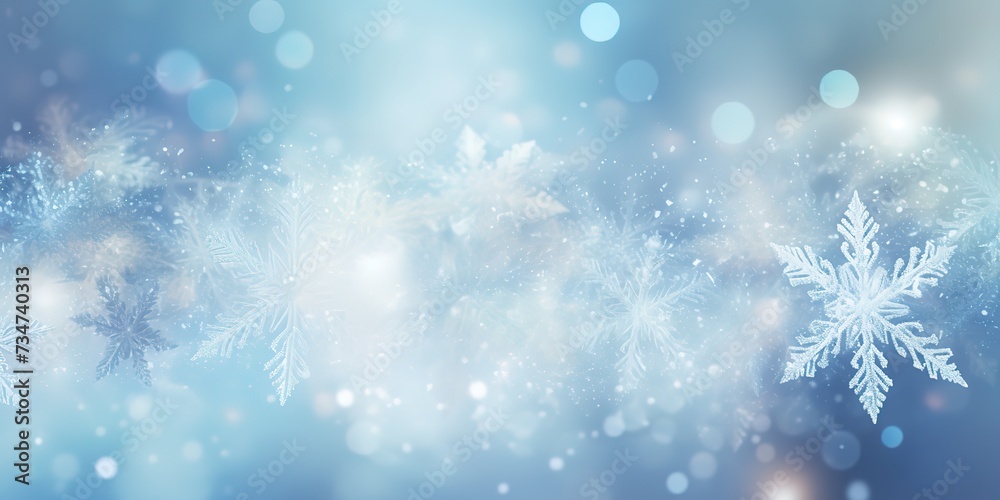 snowflakes and ice crystals isolated on blue sky, panoramic winter background snowflakes and ice crystals isolated on blue sky, panoramic winter background