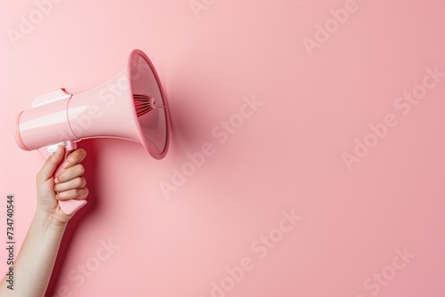 vibrant pink megaphone is being held aloft, creating a striking contrast against a similarly hued background photo