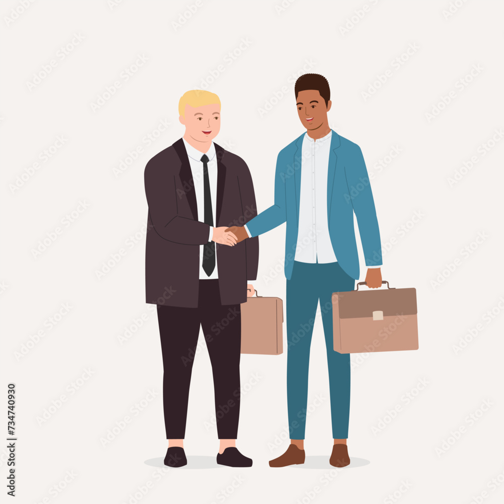 Two Smiling Businessman With Different Skin Tones And Hair Styles Shaking Hands. Full Length. Two Smiling Businessman With Different Skin Tones And Hair Styles Shaking Hands. Full Length.