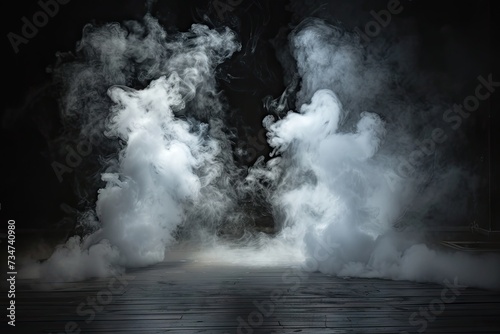 Space for displaying products is dramatically enhanced by presence of swirling white smoke dark enigmatic background setting creates sense of abstract beauty and motion smoke