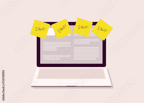 Front View Of An Opened Laptop With Yellow Sticky Notes “I Quit” On Monitor Screen. 