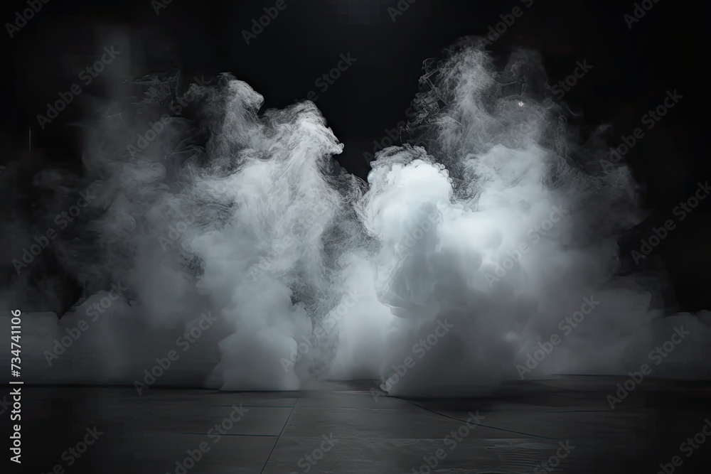 Space for displaying products is dramatically enhanced by presence of swirling white smoke dark enigmatic background setting creates sense of abstract beauty and motion smoke