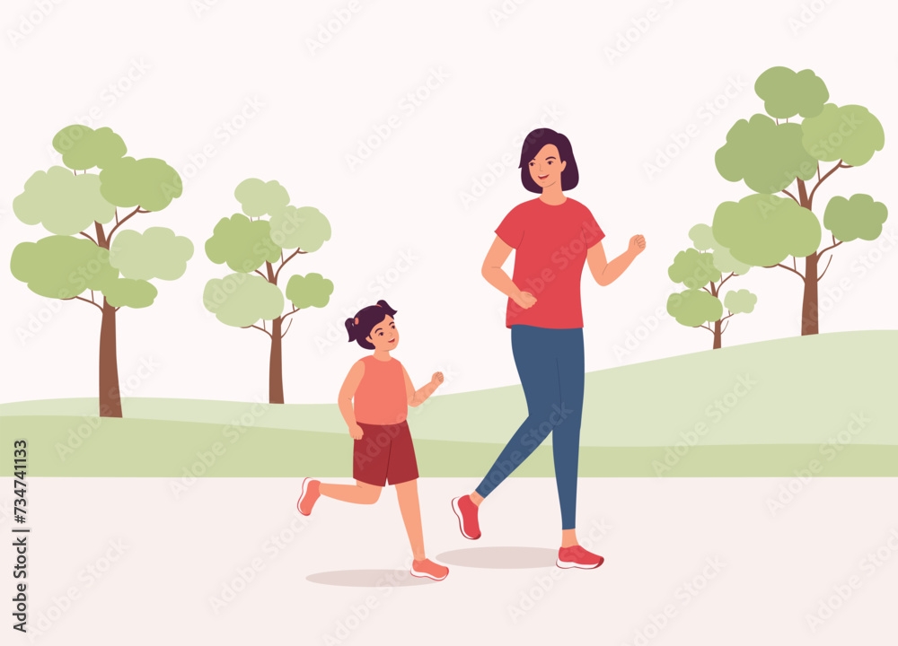 Smiling Mother And Her Little Daughter Running In The Park. Full Length.