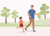Smiling Father And His Little Daughter Running In The Park. Full Length.