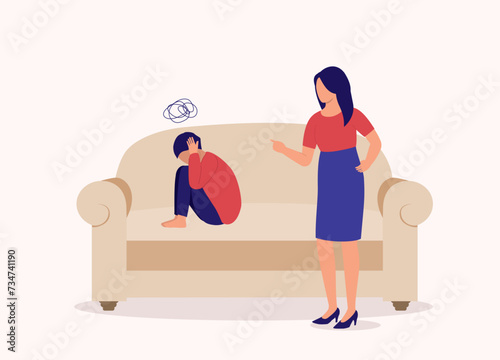 Mother Scolding Her Son. Little Boy Felt Annoying And Cover His Ears. Full Length. Flat Design.