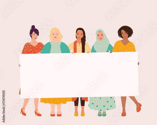 Racial Diversity Group Of Smiling Young Women Adults With Different Skin Tones, Hair Styles And Body Sizes Holding A Blank Empty Banner Together. Full Length.