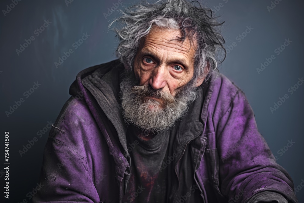 A despondent elderly homeless man, 71 years old, emphasizing the emotional toll of homelessness on individuals on a solid muted background. A despondent elderly homeless man, 71 years old, emphasizing the emotional toll of homelessness on individuals on a solid muted background.