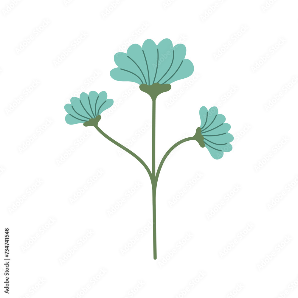 Hand drawn blue flower isolated on white background. Doodle blooming plant flat simple composition. Decorative Blossoming spring wildflower. Botanical summer element for decoration of cards or posters