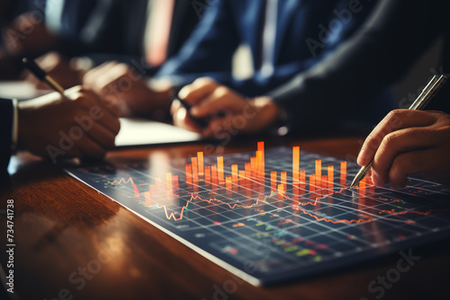 Businessman hand with data chart paper on the table with meeting background.