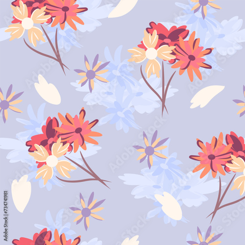 Hand-drawn seamless pattern with floral print. Abstract colorful daisies on blue background. Vector pattern for printing on fabric  gift wrapping  covers  wallpapers.