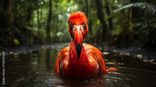 Generative AI image of a flamingo in water with a direct stare
