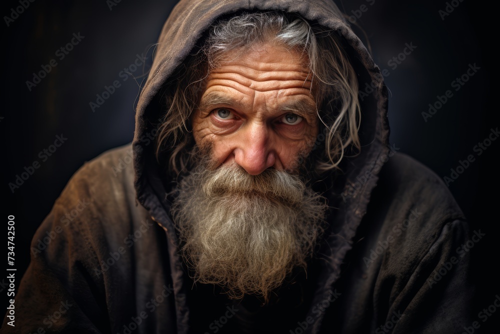 A somber elderly homeless man, 75 years old, conveying the solitude and challenges faced by those living on the streets on a solid muted mustard background