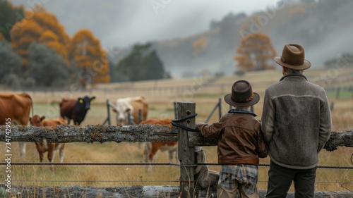 Mature farmer  adult son and grandson leaning on gate to cow field