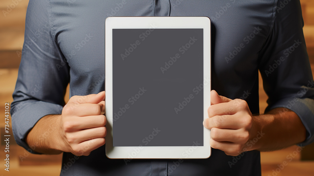 A businessman holds a mockup. iPad digital tablet with blank screen Mockup replaces your design mockup in the office. Copy space for text. A businessman holds a mockup. iPad digital tablet with blank screen Mockup replaces your design mockup in the office. Copy space for text.