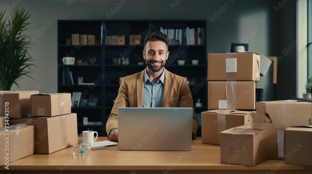 A happy man at the office preparing boxes and delivering sales. Concept of selling products online. copy space for text. A happy man at the office preparing boxes and delivering sales. Concept of selling products online. copy space for text.