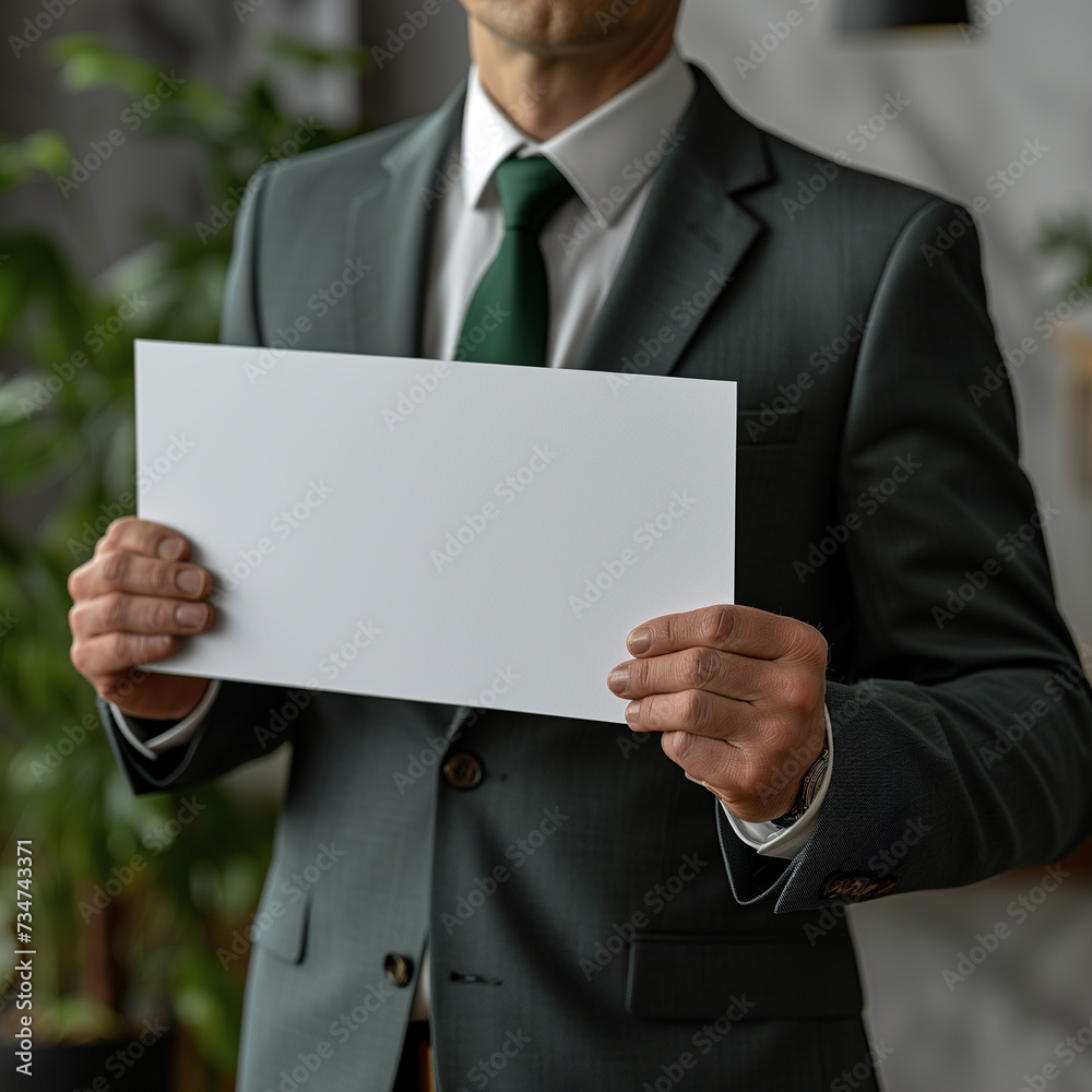 Businessman hands showing empty white paper with blurred background. Businessman hands showing empty white paper with blurred background.