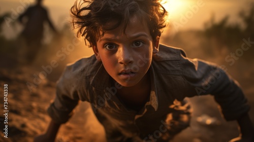 Generative AI image of a child crawling urgently in a dusty landscape at sunset. © Eitan Baron
