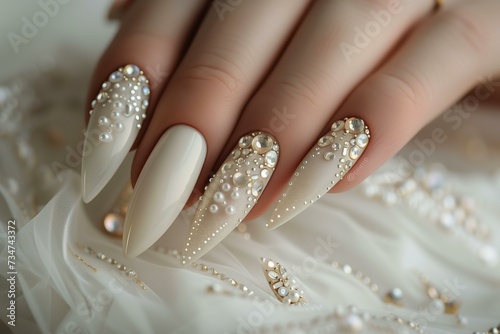 perfect wedding manicure, almond shaped, with shiny diamonds, ivory and gold photo