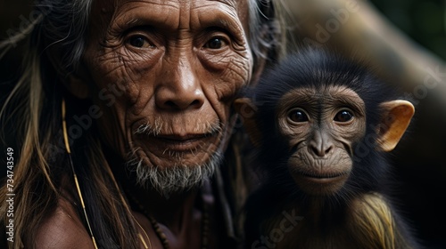 Generative AI image of an elder with a young monkey close by. Philippines people or animals © Eitan Baron