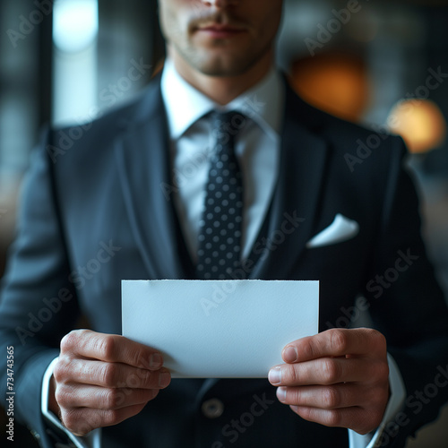 Businessman hands showing empty white paper with blurred background.