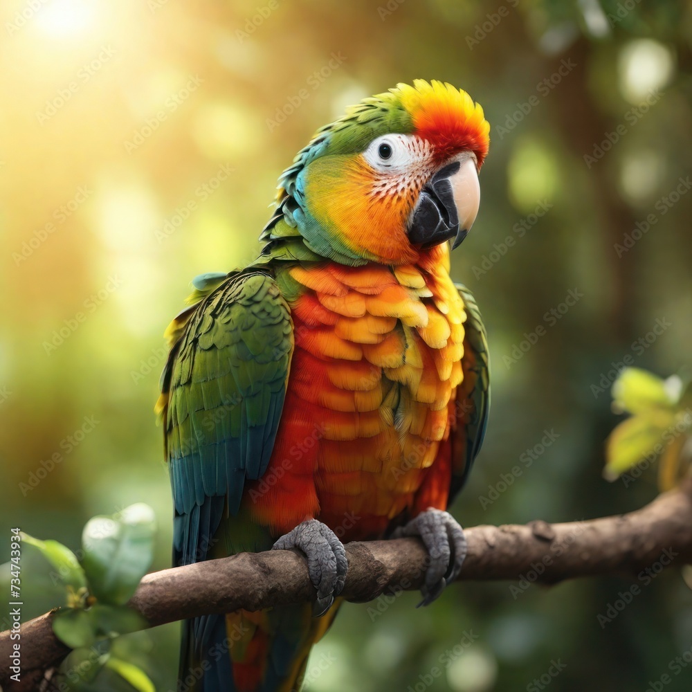 Obraz premium Enchanting Forest Scene: Close-Up of a Colorful Parrot Perched on a Tall Tree Branch, Bathed in Warm Sunlight, Captured in 8K Quality with Perfect Composition and High Detail